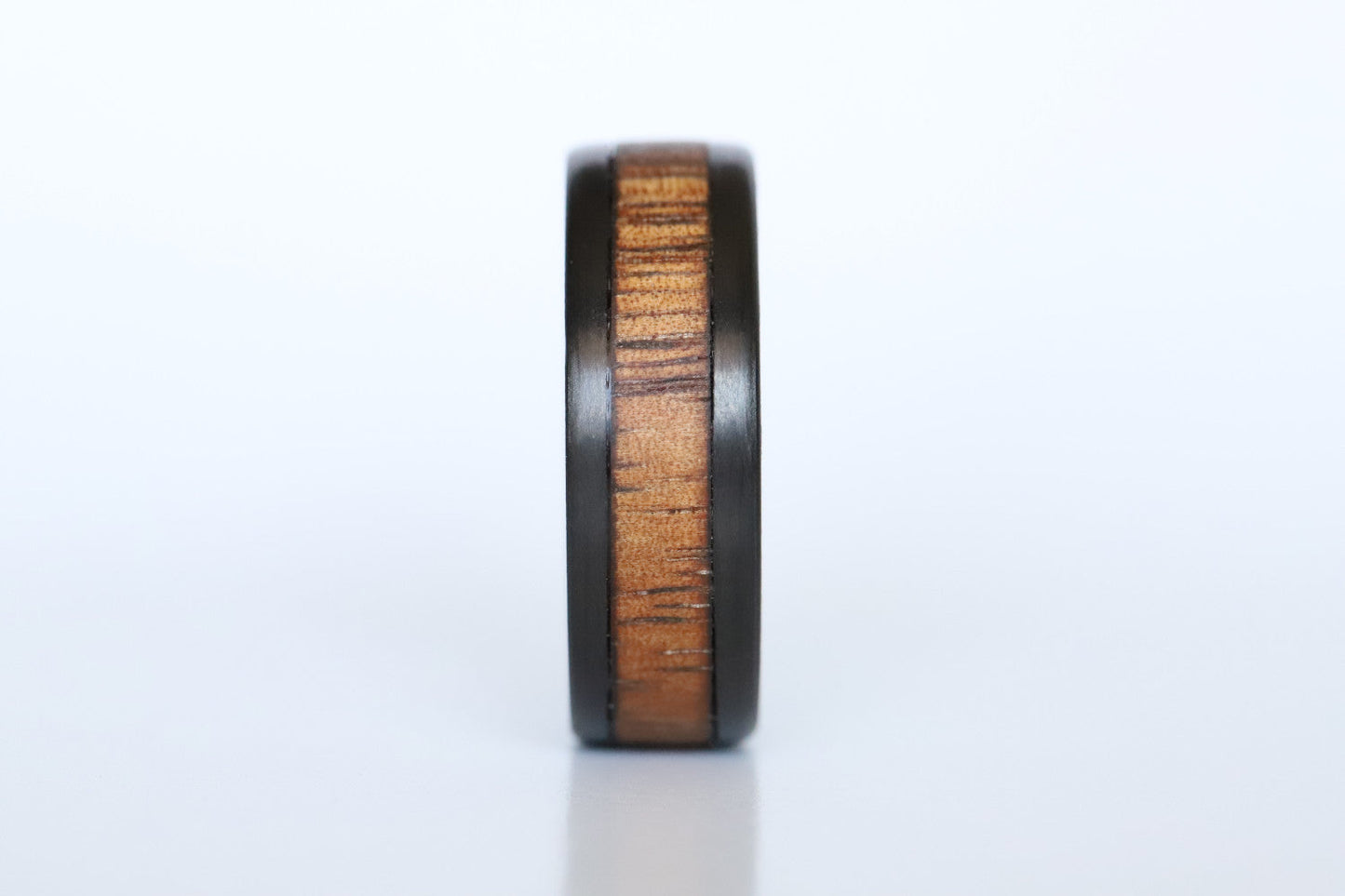 Koa Wood and Titanium wedding ring front close up