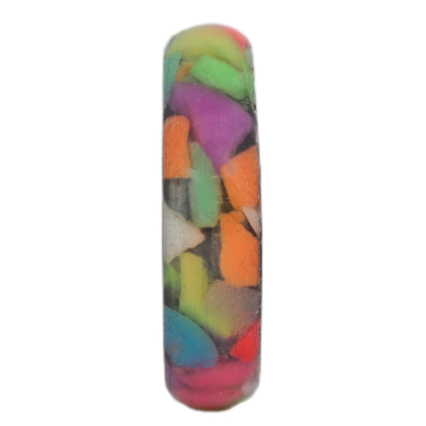 Vibrant rainbow resin ring showcasing colorful crushed stone inlays.